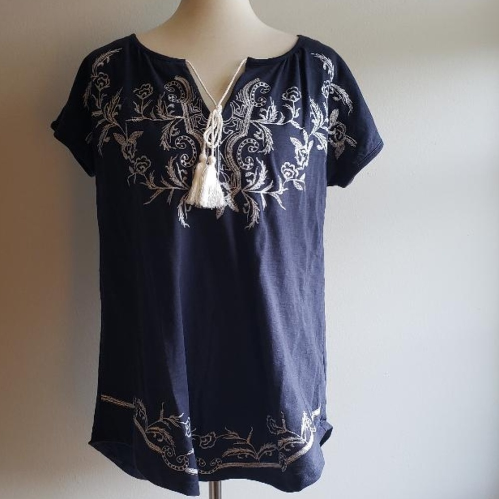 Suzanne Betro Navy Blue Embroidered T-Shirt XL NEW
